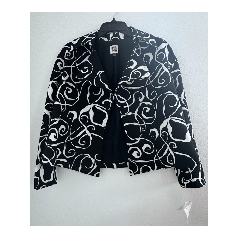 NWT Anne Klein Graphic Abstract Art Academia Black White Open Front Jacket Sz. 6